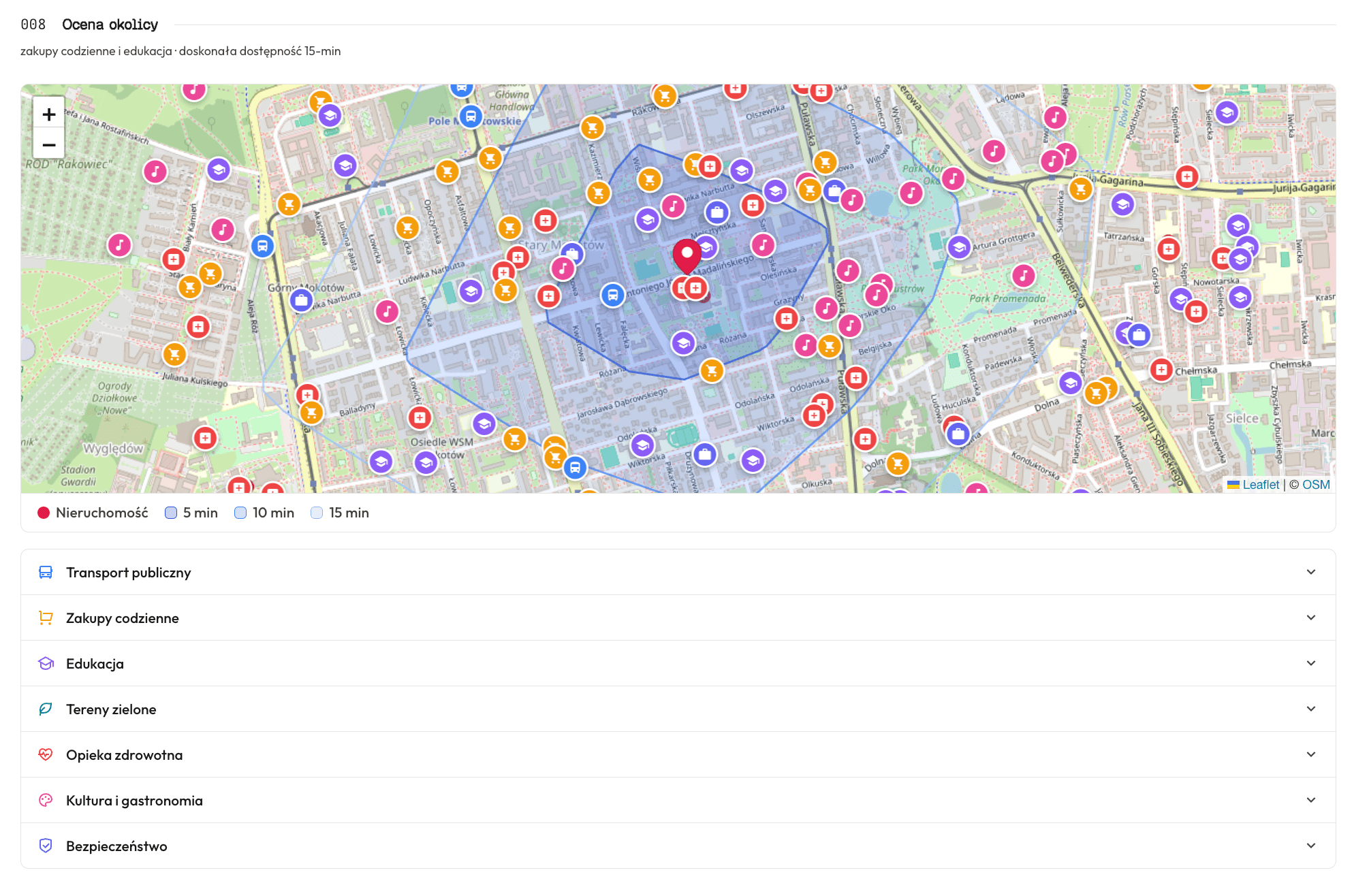 Ocena okolicy — mapa z izochroną dojazdu, transport, szkoły, zieleń